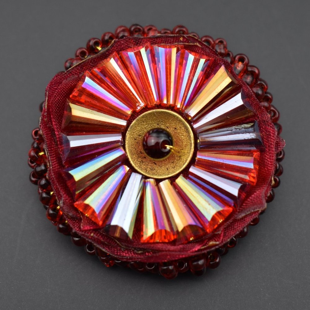 Red crystal brooch handmade, unusual beaded pin for women, beadwork jewelry
